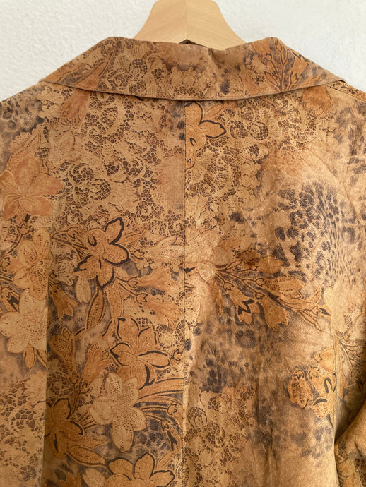 Vintage suede genuine leather floral print coat